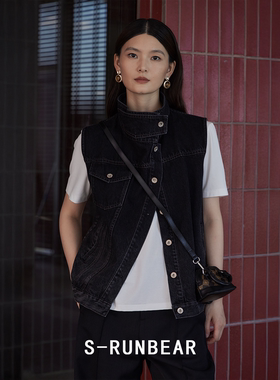 S-RUN时润贝而牛仔马甲黑色渐变水洗不对称设计感立领无袖背心