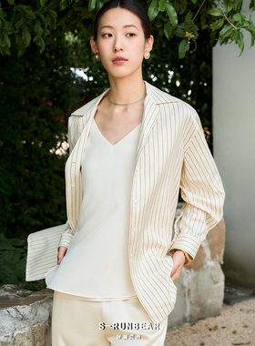 S-RUN时润贝而古巴领条纹衬衫丝绵廓形衬衫