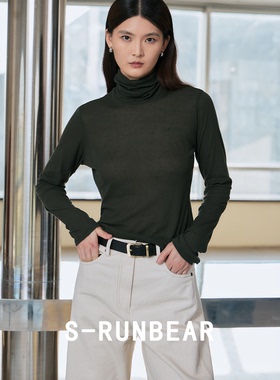 S-RUN时润贝而100全棉打底衫女微透高领高支强捻内搭打底针织衫