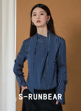 S-RUNBEAR飘带条纹衬衫蓝色长袖进口醋酸衬衣简约高级感上衣女秋