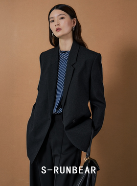S-RUNBEAR精纺100羊毛西装外套女一粒扣设计感不对称门襟西服上衣