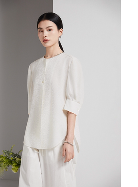 S-RUNBEAR白色短袖衬衫女气质干丝上衣真丝高级感白衬衫夏季新款