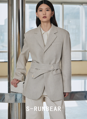 S-RUNBEAR时润贝而羊毛雨露麻西装外套女腰带可拆卸正肩西服上衣