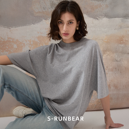S-RUNBEAR宽松T恤女灰色中袖慵懒风棉毛混纺简约设计感短袖上衣夏