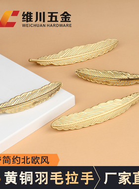 黄铜羽毛创意个性拉手轻奢金色柜门抽屉衣酒柜PVSD亮金色纯铜把手