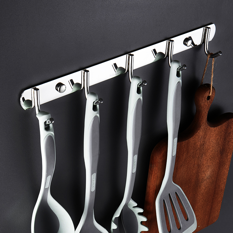 厨房挂钩304不锈钢免打孔厨具勺子铲子挂勾一Q排长条挂架强力粘钩