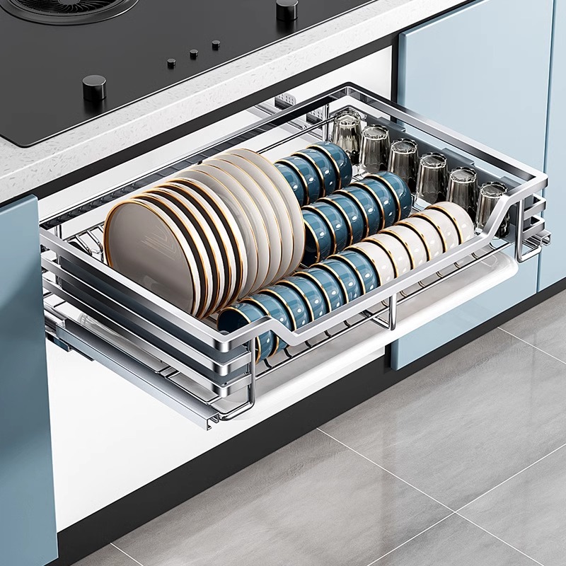 四季沐歌拉篮厨房橱柜304不x锈钢拉篮碗篮单层碗篮抽屉式收纳碗架
