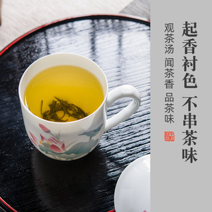 手绘陶瓷办公杯带盖会议水杯家用大容量泡茶杯定制礼品 釉下彩中式