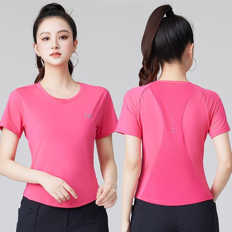 薄款速干短袖跳舞衣服黄色圆领T恤广场舞健身操大码宽松运动上衣