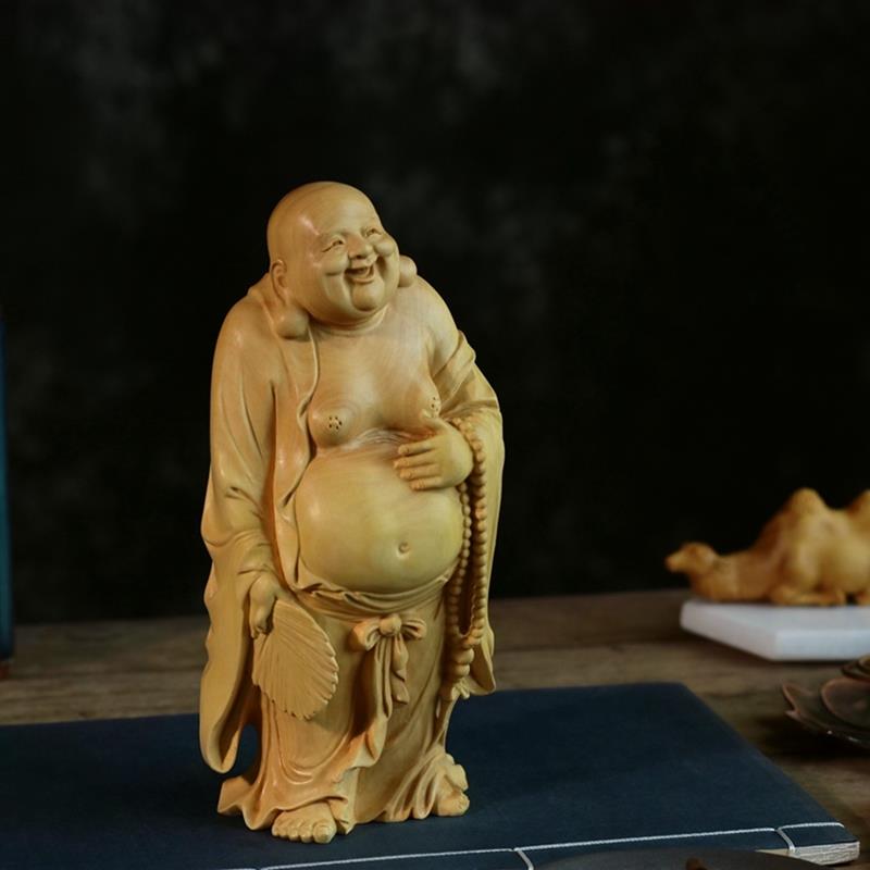 小叶黄杨木雕摆件居家佛像实木雕刻木质工艺把件送礼笑佛拿扇弥勒