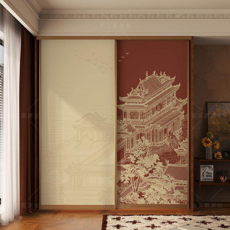 凯贝嘉新中式卧室衣柜玻璃拉门翻新改造移门贴纸民宿自粘壁纸