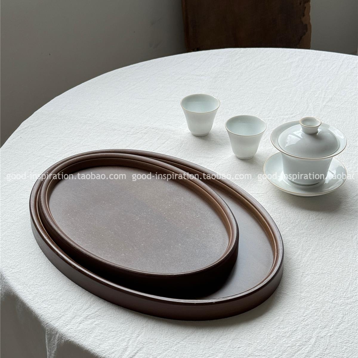 日式竹木椭圆形托盘 茶盘收纳盘复古新中式高档餐盘胡桃木色