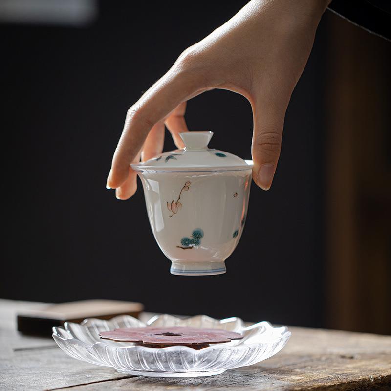 景德镇白瓷玉泥手绘高足盖碗薄胎陶瓷泡茶碗功夫茶具套装礼品整套