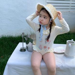 女童長袖 2025新款 新款 韓國版 卡通速干寶寶游 連體泳衣兒童公主泳裝
