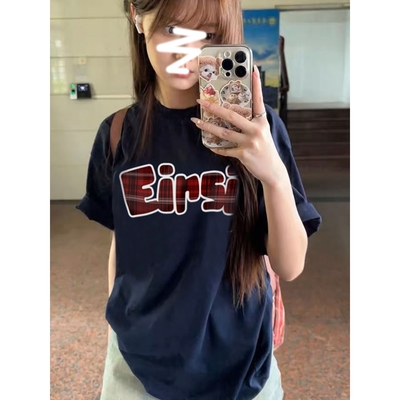 美式复古正肩短袖t恤女夏季2024新款潮牌学生宽松显瘦纯棉上衣isn