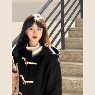 新款 连帽牛角扣羊毛呢子大衣女2023冬季 学院风毛呢外套小个子加厚