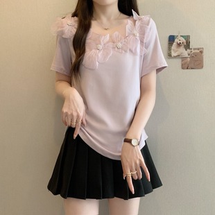 爆款 T恤2025新款 夏季 网纱立体花朵短袖 胖mm显瘦遮肉上衣 大码 女装