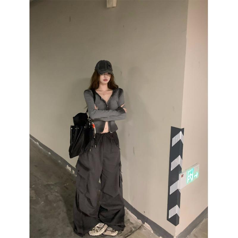 双拉链复古v领长袖T恤女春季渐变色修身内搭美式辣妹显瘦开衫上衣