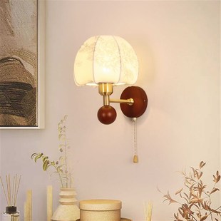法式复古卧室壁灯中古布艺客厅背景墙灯侘寂风胡桃木色阅读床头灯