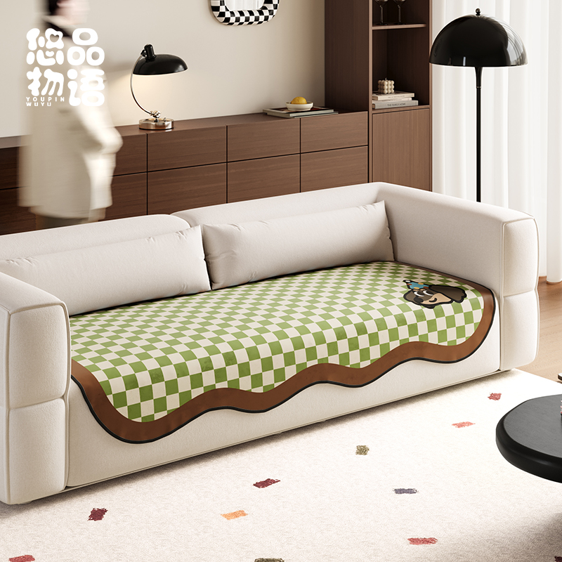 快乐小比卡通复古小狗菱格沙发垫客厅沙发防滑短毛绒异形沙发盖巾