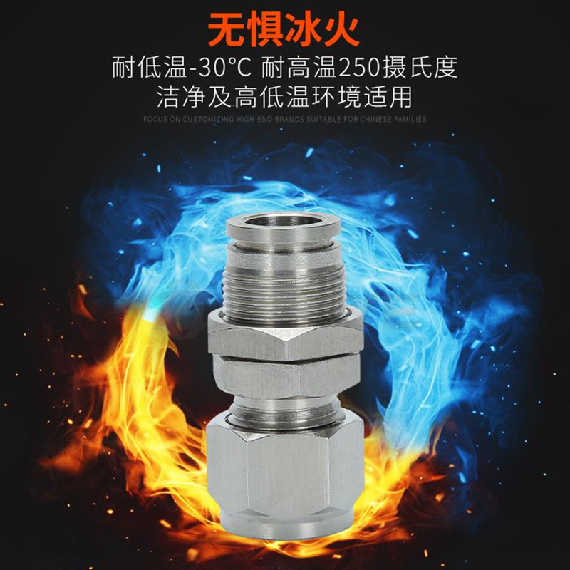 304不锈钢隔板卡套快插接头PZ气动软硬管转换串板直通PK6/8/10/12
