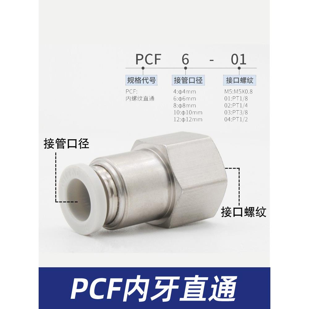 亚德客原装气动内牙快插6mm软管PCF8-02内螺纹直通气管快速接头