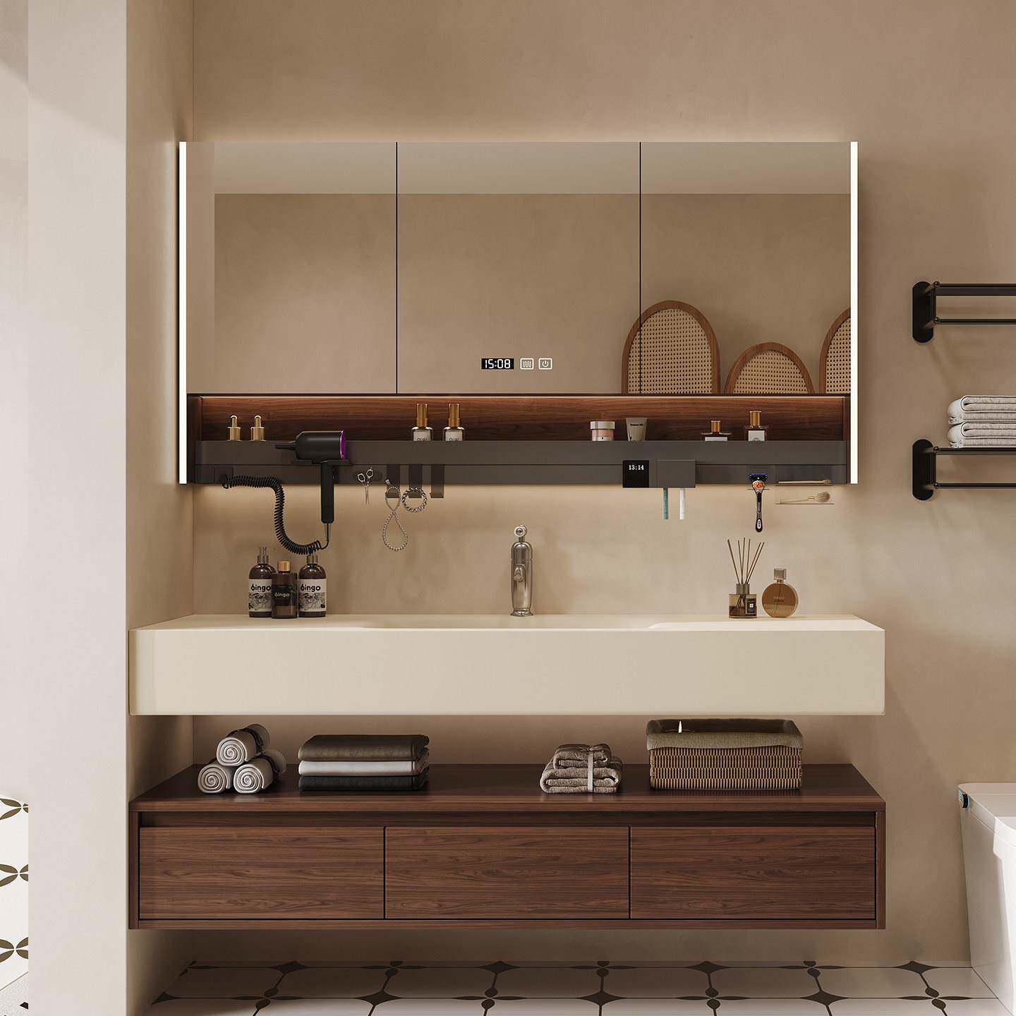 中古风浴室柜组合可可奶油岩板热弯一体盆卫生间实木智能洗漱台