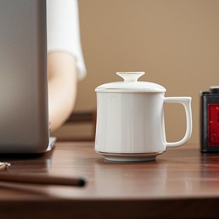 羊脂玉白瓷办公杯带盖家用水杯喝水茶杯办公室会议杯logo定制