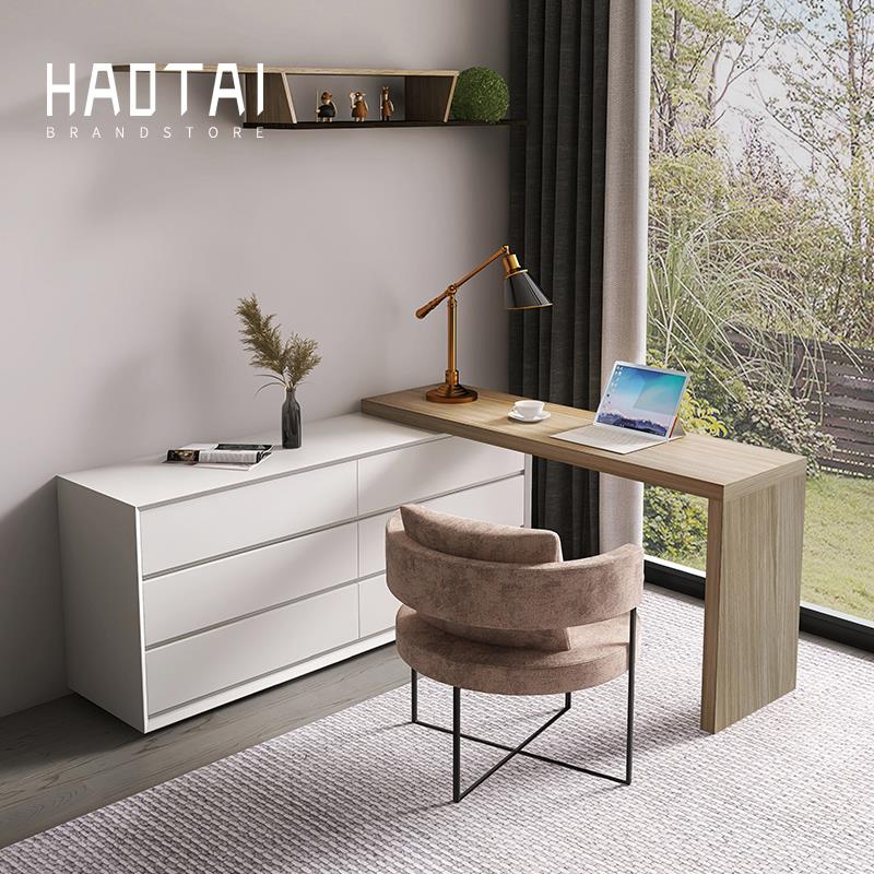 烤漆梳妆台斗柜一体意式极简北欧小户型伸缩实木卧室电脑桌组合柜