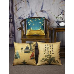 瑞鹤图新中式禅意抱枕听琴图客厅书房圈椅靠垫办公室茶室茶楼腰枕