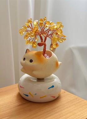 景德镇转转水晶树小猫陶瓷摆件可爱陶瓷转转乐桌面小摆件车载摆件