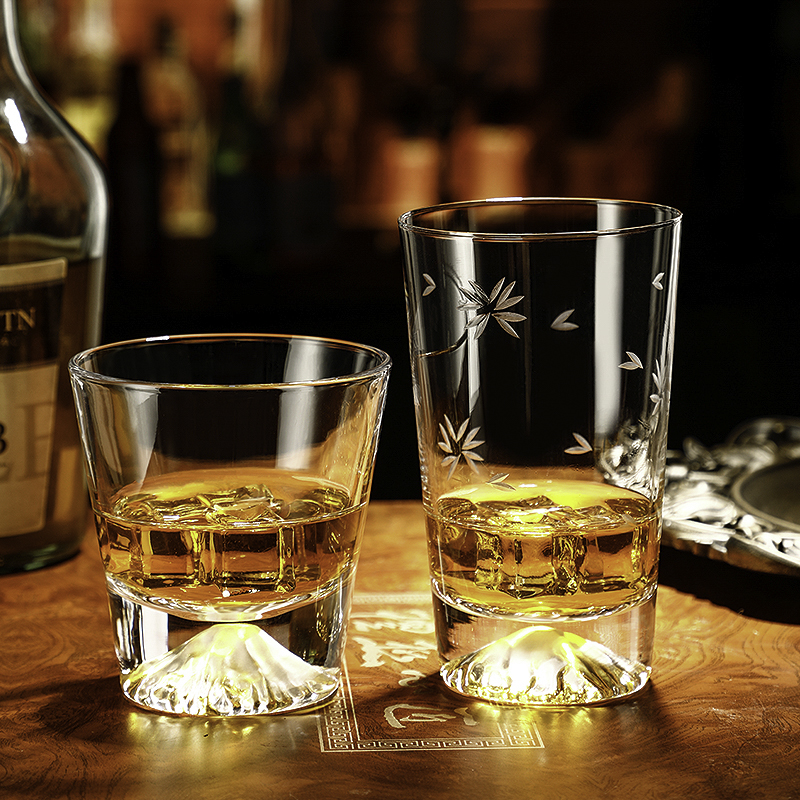 富士山玻璃杯樱花杯创意鸡尾酒杯威士忌酒杯雪山杯日式厚底洋酒杯