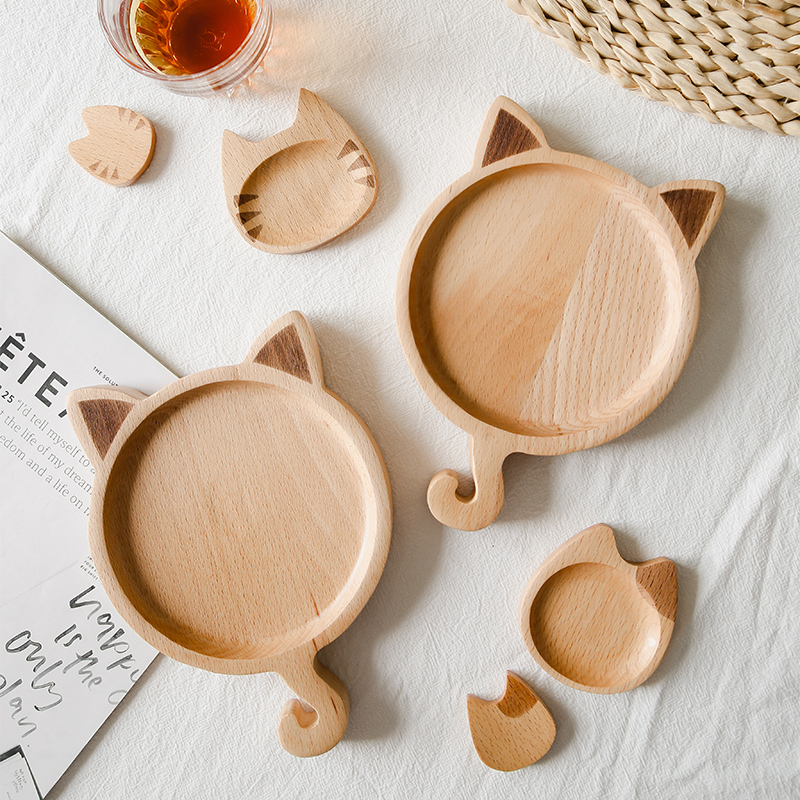 猫趣 日式可爱实木餐盘 创意榉木儿童宝宝饭盘餐盘子猫咪造型家用