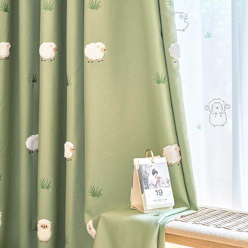 柯桥2025新款遮光儿童卧室小清新可爱粉色绿色卡通小羊棉麻窗帘,居家布艺,定制窗帘,淘宝优惠券,粉丝福利购,淘宝优惠卷