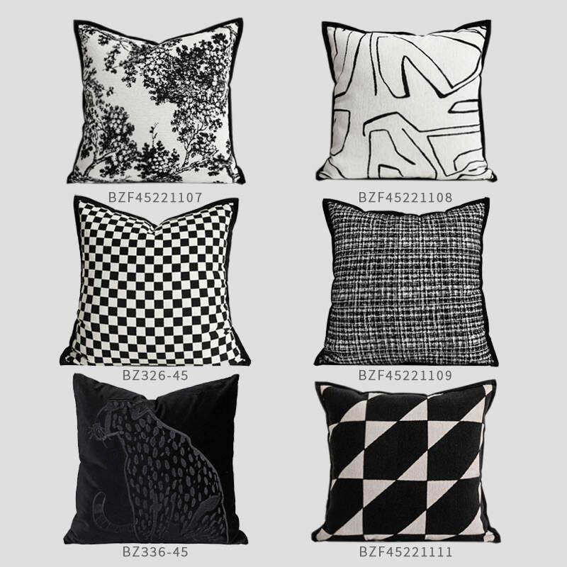北欧黑白线 线条沙发抱枕客厅法式杨梅树雪尼尔靠枕样板间装饰靠