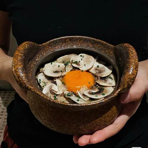 山野风粗陶双耳砂锅带盖子煲仔云贵川牛肝菌炒饭餐具特色陶瓷盘子