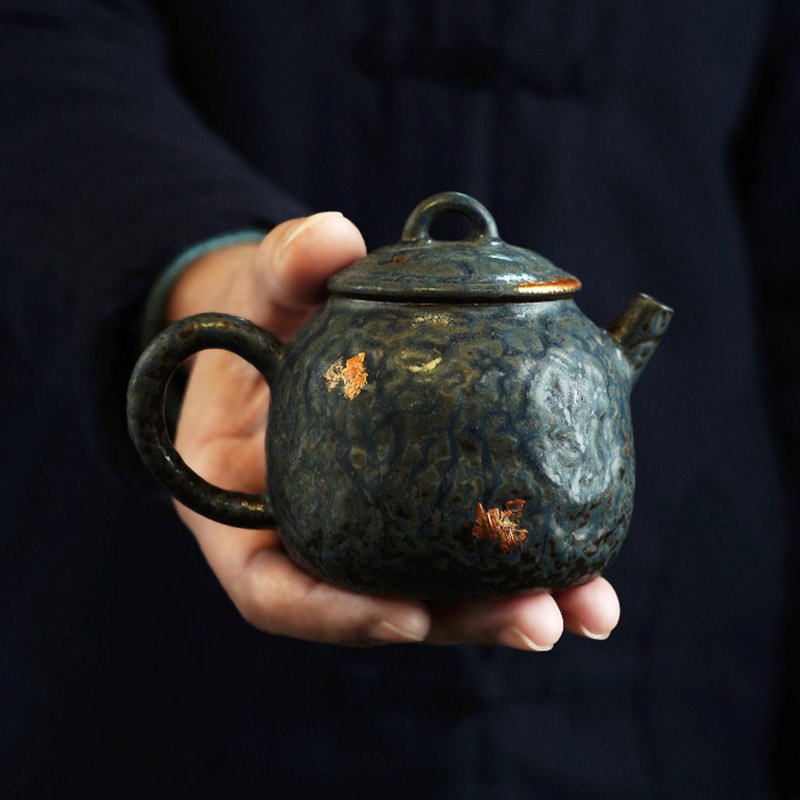 复古岩泥粗陶功夫茶具茶壶家用国潮洒金侘寂风泡茶器单壶简约可养