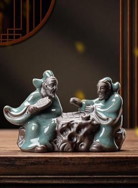 创意陶瓷历史人物哥窑茶宠花宠小摆件茶玩车载茶盘花盆造景装饰品