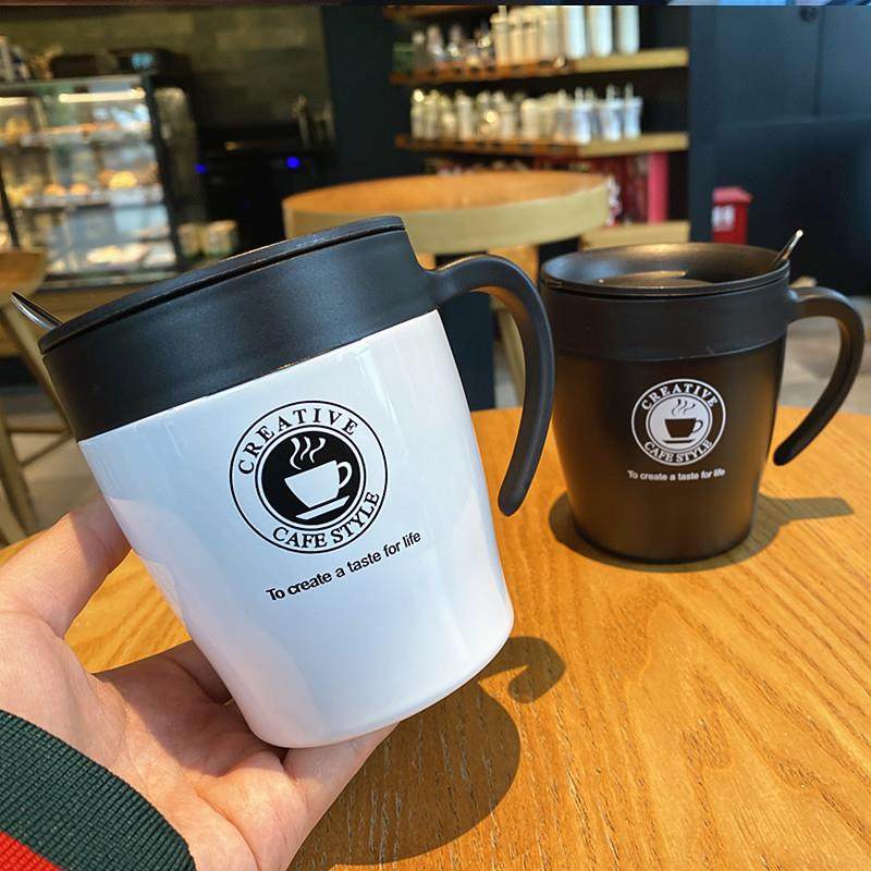 不锈钢咖啡杯欧式复古真空保温304马克杯纯色牛奶杯带盖手柄送勺