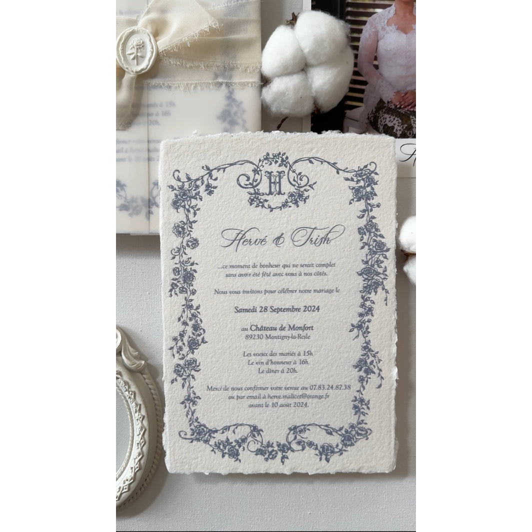 高端复古婚庆请柬 蓝白手工撕纸边框定制请帖 法式婚礼邀请卡纸品