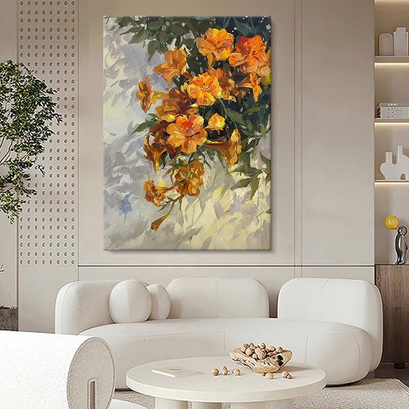 黄色花丛纯手绘油画客厅抽象肌理画玄关花卉装饰画餐厅暖色系挂画图片