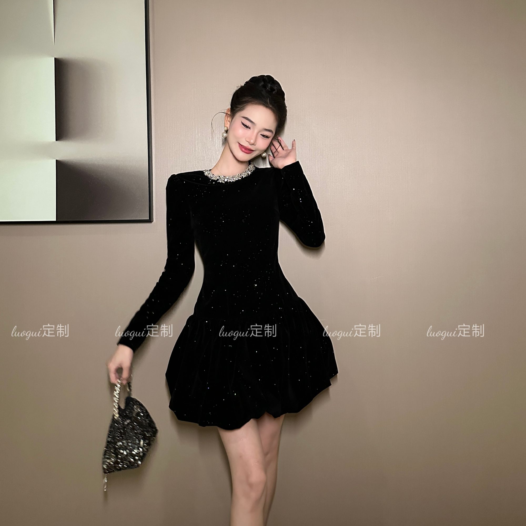 花花原创 洋气轻奢小香风显瘦气质名媛时尚拼接韩版连衣裙 15342