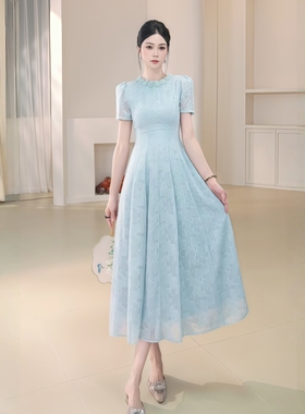 宝总时尚优雅收腰修身名媛宴会显瘦轻奢圆领设计感连衣裙21771