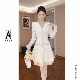 花花原创　小香风气质收腰千金风连衣裙长袖小个子45362