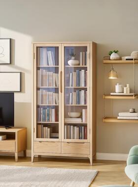 纯实木橡木书柜书架80cm1米北欧简约风带玻璃门客厅置物架展示柜