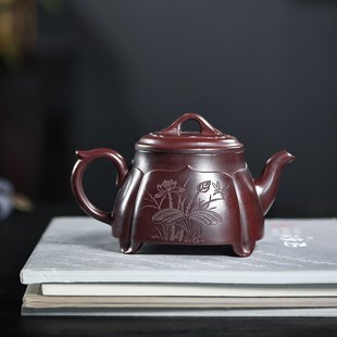紫砂壶宜兴原矿老紫泥四足莲花230毫升泡茶壶纯手工名家家用茶具