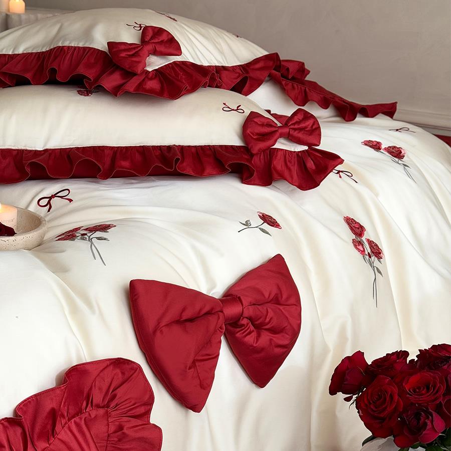 法式花边被套结婚四件套全棉玫瑰刺绣蝴蝶结婚庆床单1.8床上用品