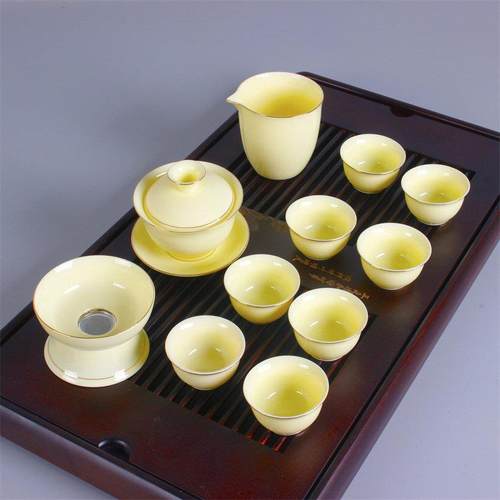 高端潮汕功夫茶具套装家用羊脂玉盖碗客厅办公室茶杯陶瓷泡茶小型