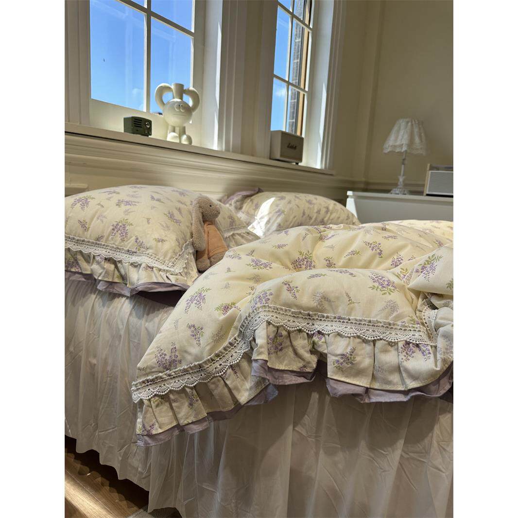 韩式公主素雅紫色小花少女床裙四件套全棉1.5m1.8被套三件式床组