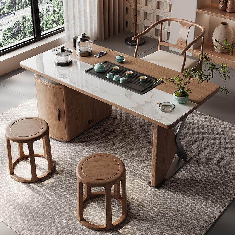 新中式实木岩板茶桌家用别墅禅意多功能阳台功夫泡茶烧水桌椅组合